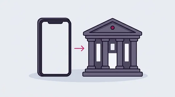 Telefoon met leeg scherm en een pijl naar een bankgebouw