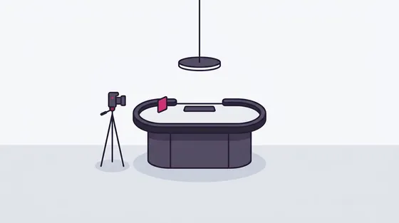 Lege dealertafel met een hanglamp en een studiocamera ernaast
